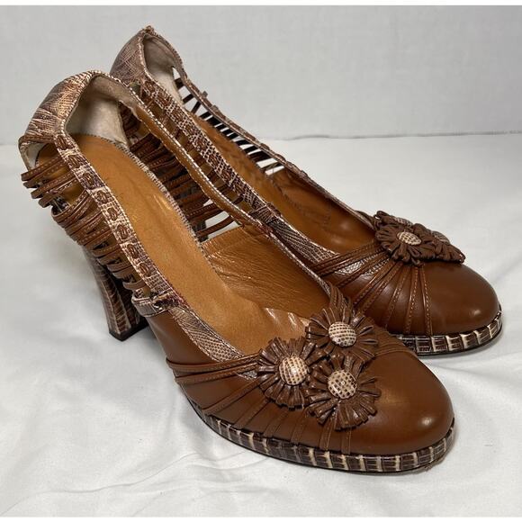 Isabella Fiore Shoes - Isabella Fiore Heels Size 7.5 Brown Leather Snakeskin Embossed Flower *Altered